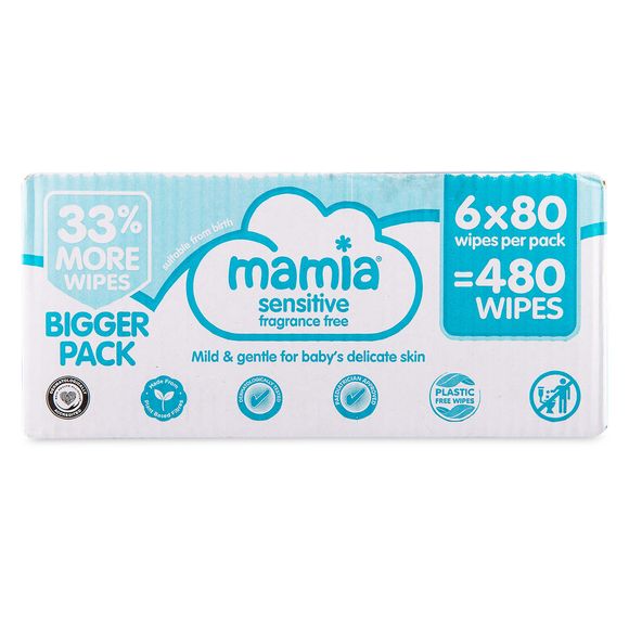 Mamia Sensitive Fragrance Free Baby Wipes 6x80 Pack